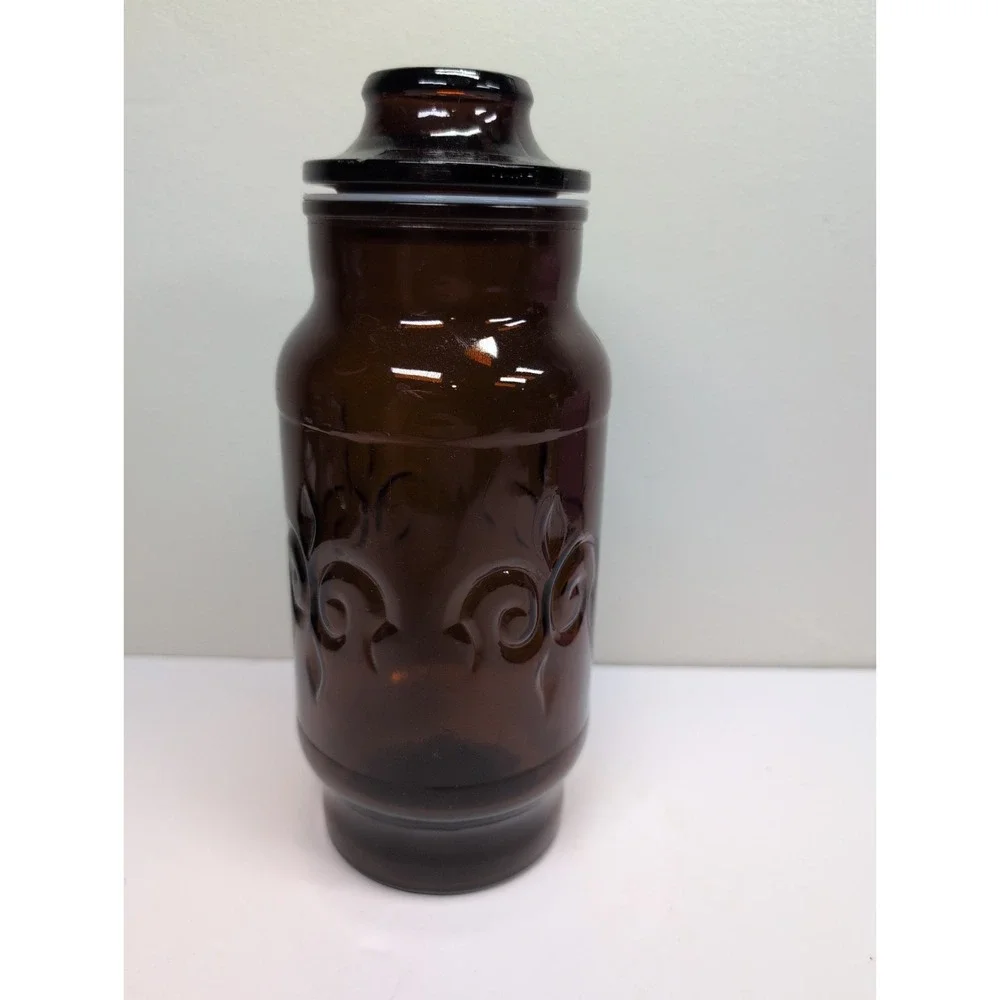 Vintage Borden Jar 1970's Fleur De Lis Apothecary With Lid Dark Amber